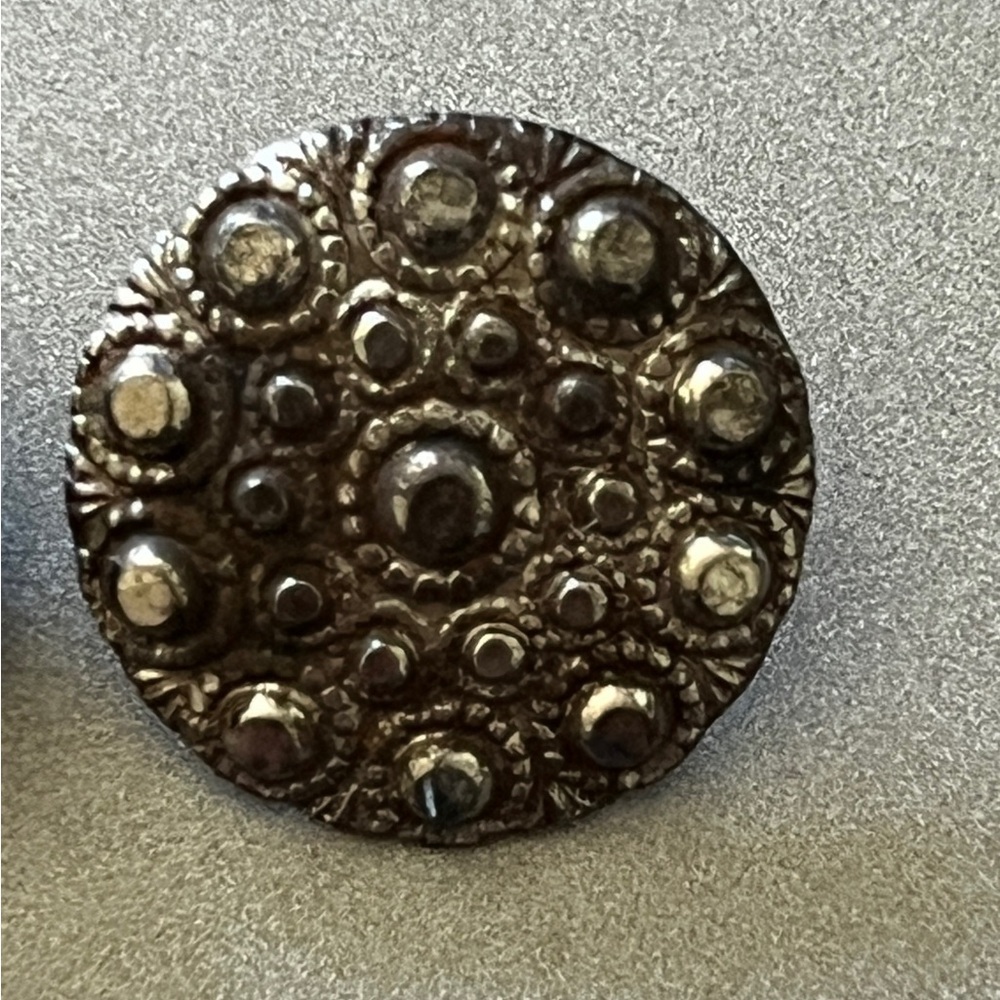 Antique Black Glass Button, Silver Luster and Cut Steel